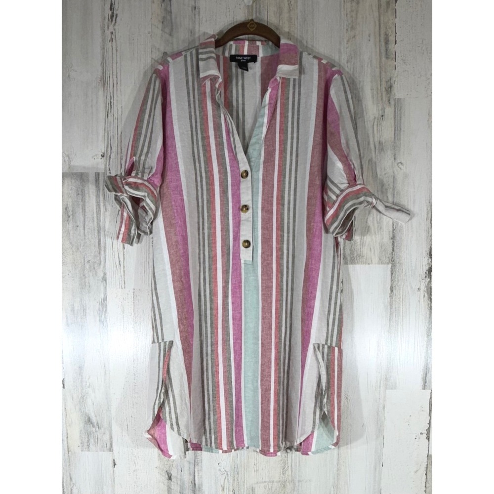 Nine West Jeans Tunic Shirt Dress Large Multicolor Striped Linen Cotton Blend